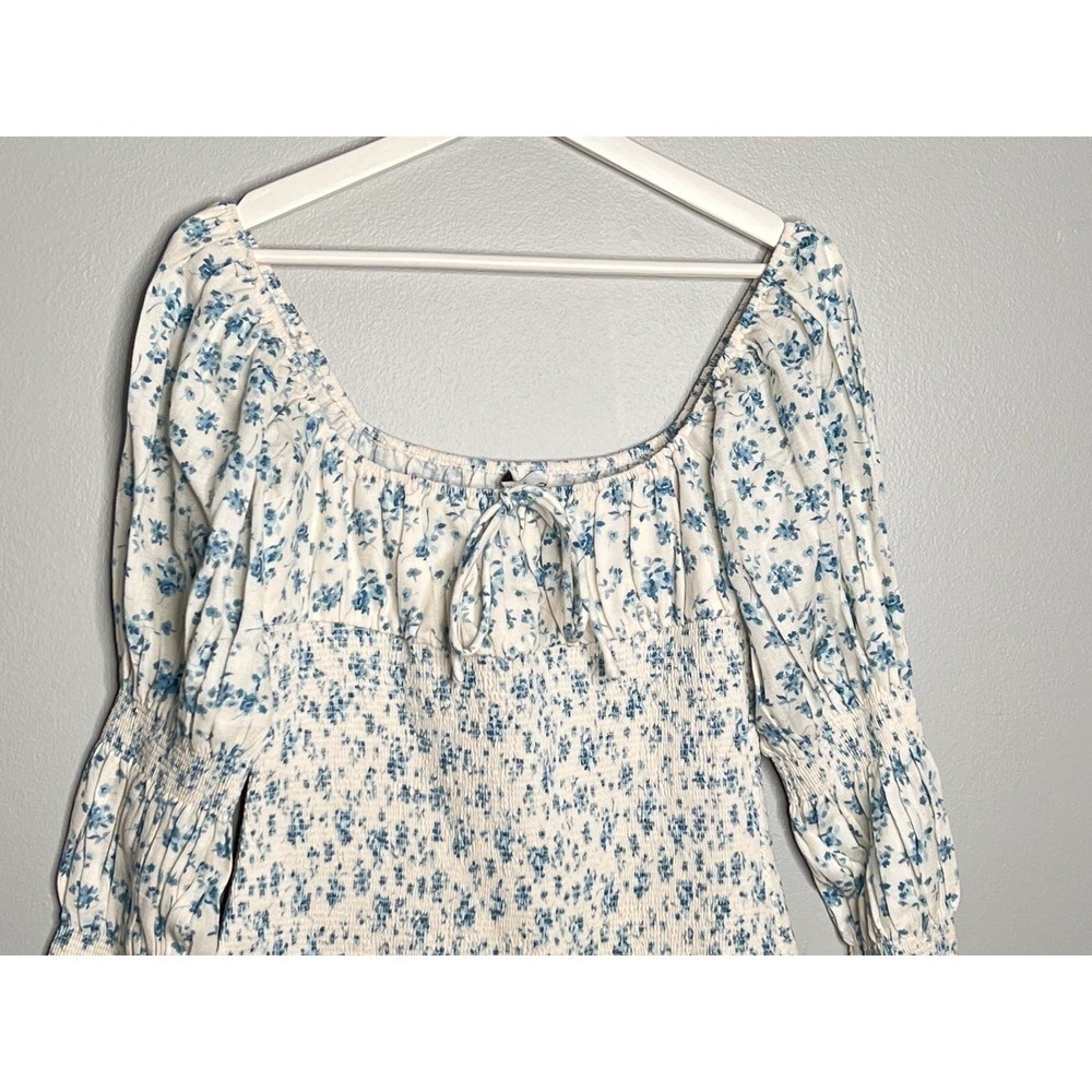 SAU LEE Betty Linen Blend Smocked Floral Mini Dress Blue/White Women's Size 8 - Picture 6 of 10